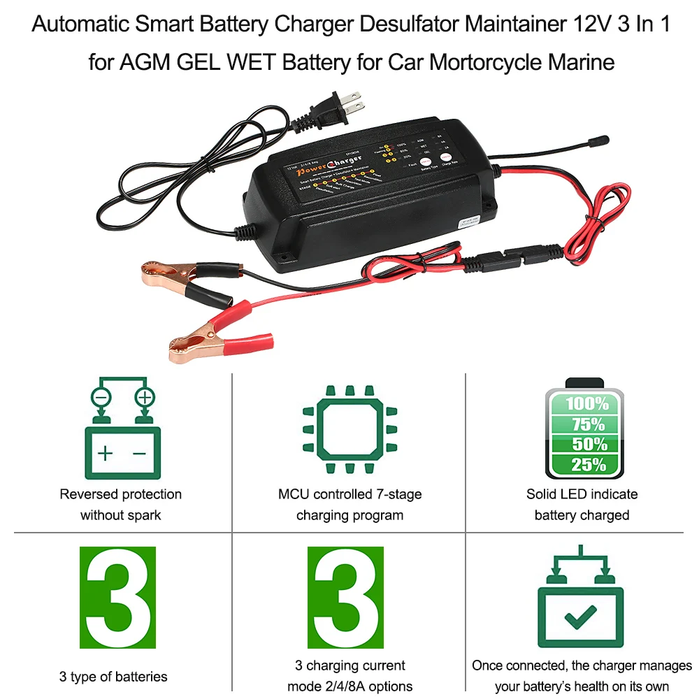 

Universal Automatic Smart Battery Charger Desulfator Maintainer 12V 3 In 1 for AGM GEL WET Battery for Car Mortorcycle Marine