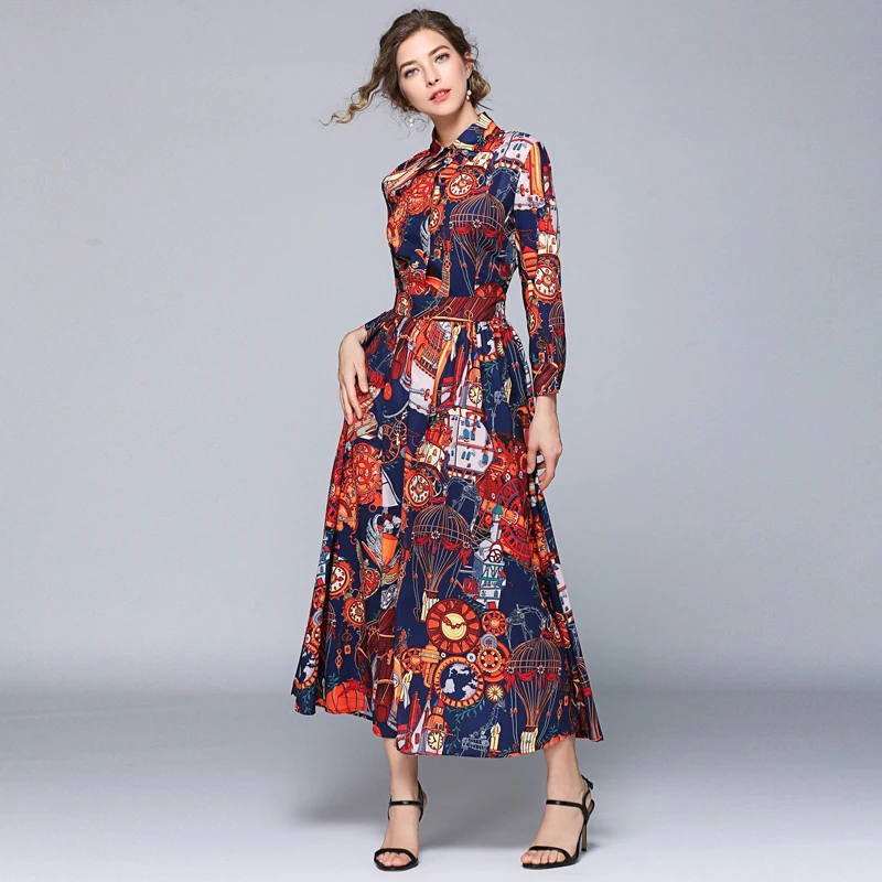 

New Vintage Women Long dress Print French Elegant Palace Big Pendulum Dresses Orange 1018