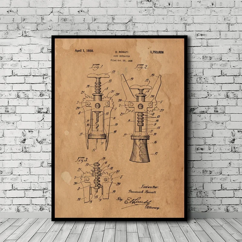 Штопор патент штопор открывалка для вина кухня произведение искусства патент печатные плакаты картины печать стены искусства домашний Декор без рамки