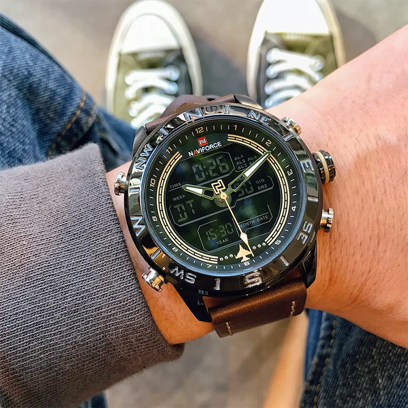 NAVIFORCE 9144 модные золотые мужские спортивные часы светодиодные аналоговые