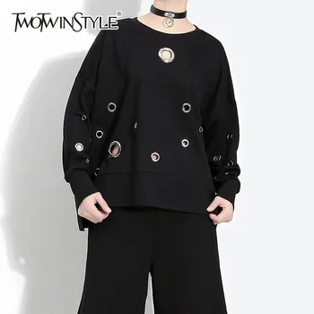 

TWOTWINSTYLE Sweatshirt For Women O Neck Long Sleeve Hollow Out Pullover Tops Female Oversized Casual Fashion 2020 Spring New