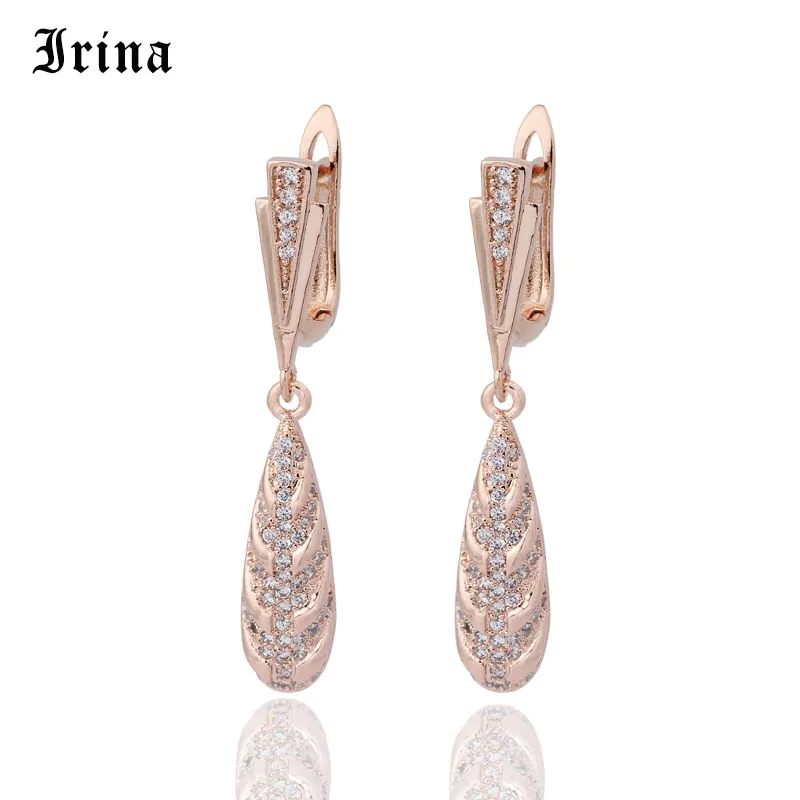Irina 585 Elegant AAA Cubic Zirconia Water Drop Dangle Earrings For Bridal Rose Gold Color Micro insert Romantic Dangle Earrings