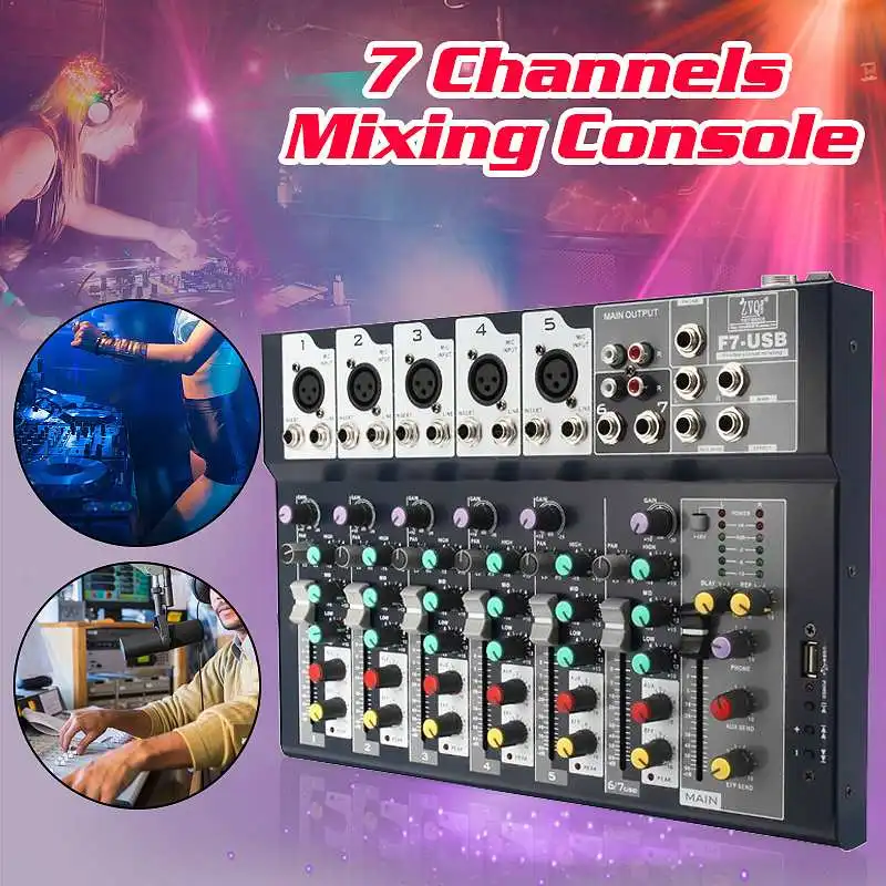 

LEORY 7 Channel Microphone Audio Sound Mixing Karaoke DJ Mixer Amplifier Console USB Built-in 48V Phantom Power Professional