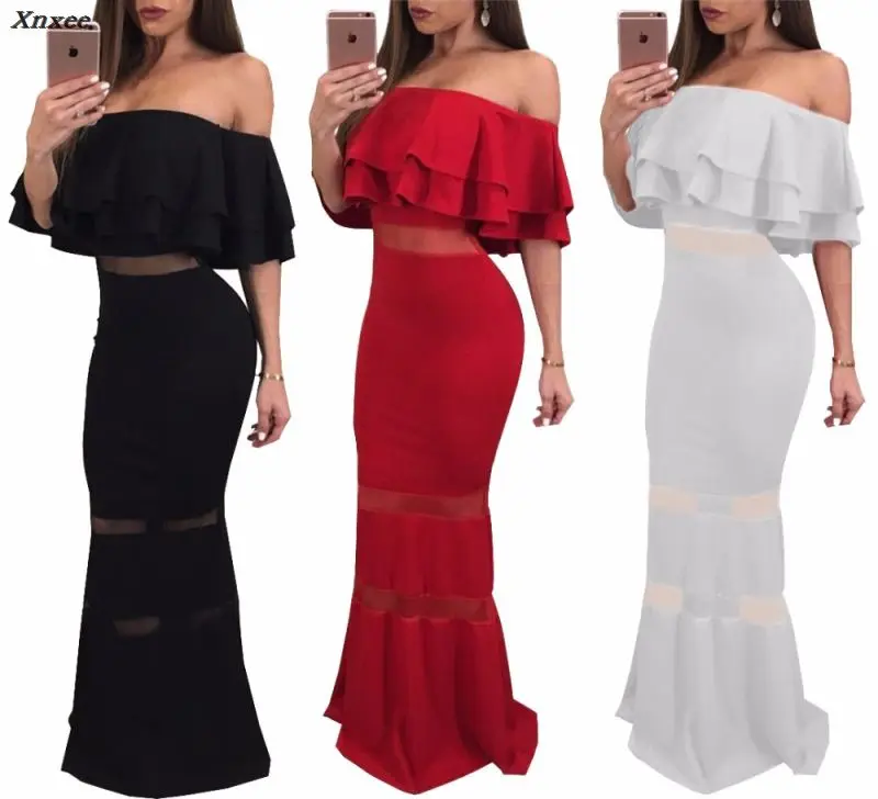 

Slash Neck Cascading Ruffles Maxi Mermaid Dresses Robe De Soiree Short Sleeve Mesh Patchwork Floor Length Club Long Dress Women