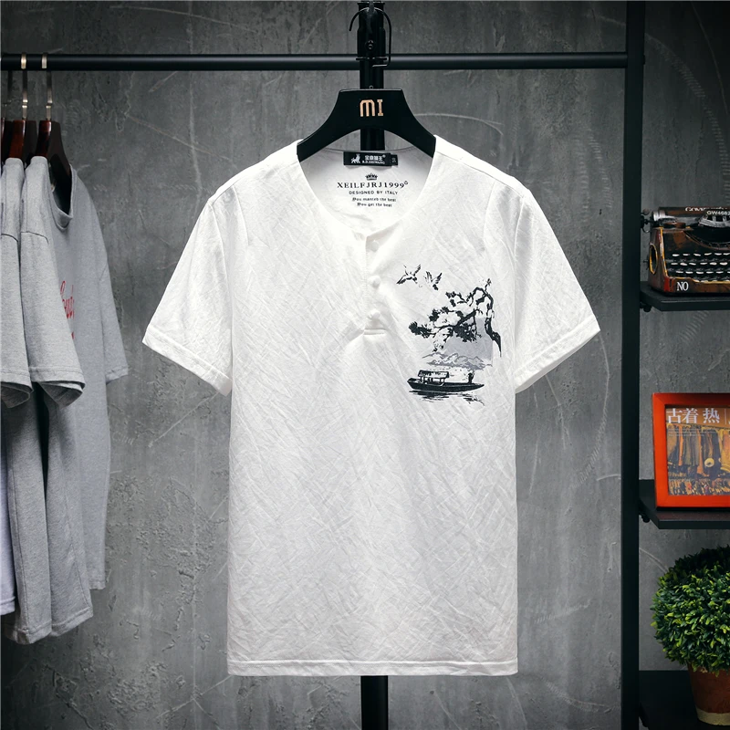 

Men's Short Sleeve T-Shirt 2019 Summer New Chinese Style Landscape Print Cotton Short Sleeve T-Shirt Youth Fashion Men's Wear