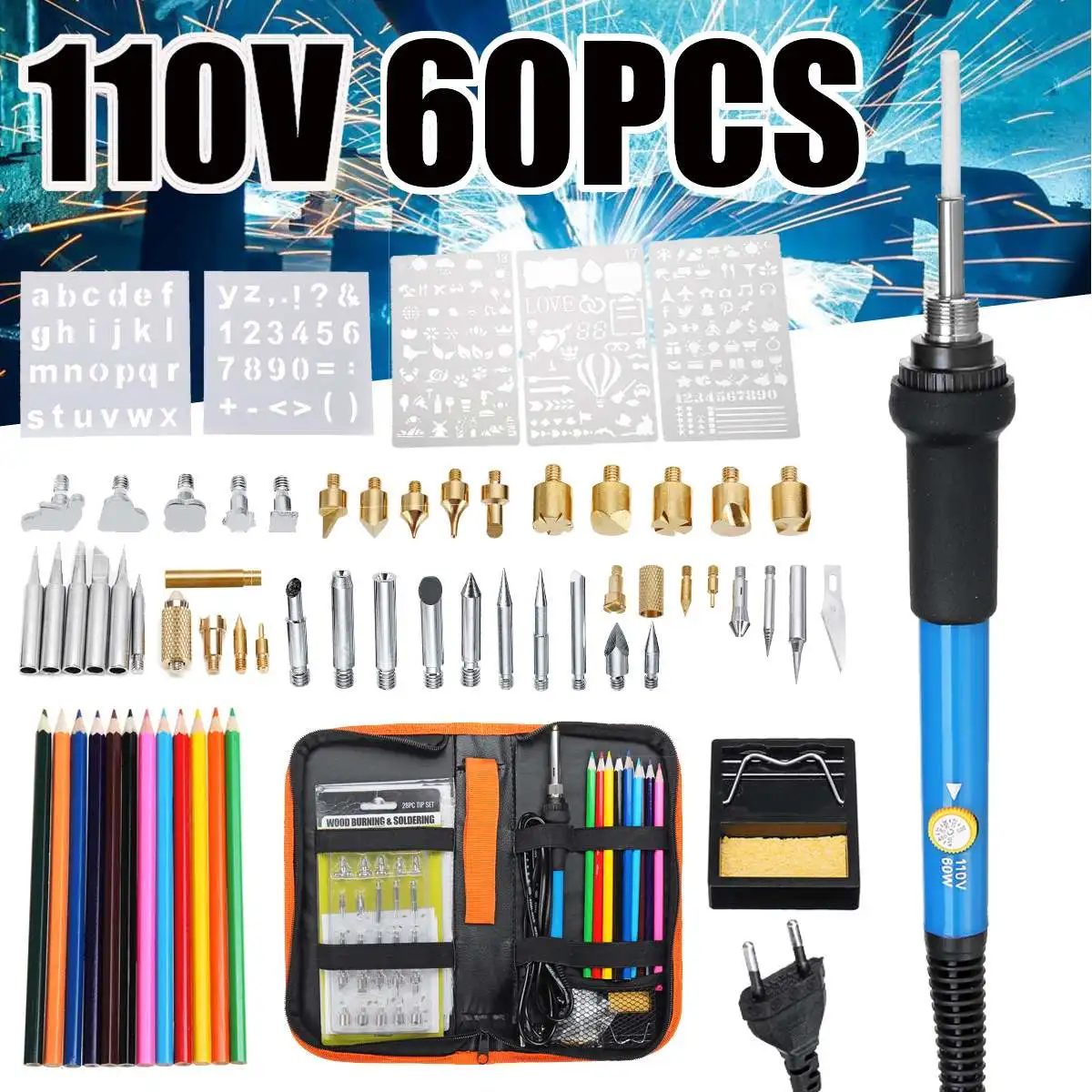 60PCS 110V 60W Wood Burning Pen Soldering Tips Set Heat Transfer Tools