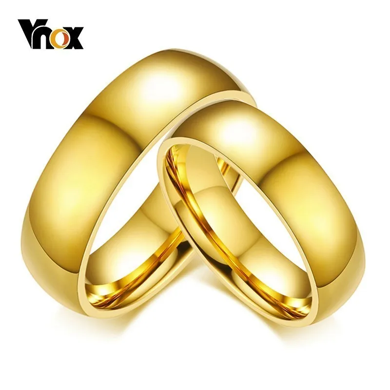 Vnox الكلاسيكية خواتم الزفاف للنساء الرجال 6 مللي متر الذهب لهجة خواتم خطوبة من الستانلس ستيل بسيط عادي العصابات هدية للذكرى السنوية