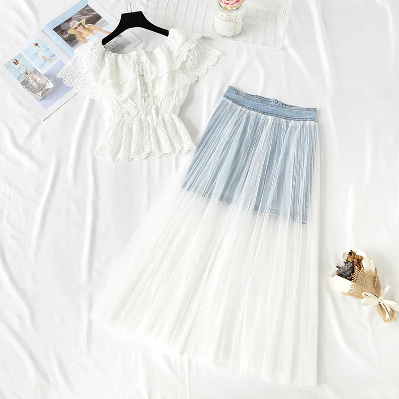 

2019 Summer Women Chic 2 Pieces Sets Casual Tops+Long Skirts Sexy Lace Tops Mesh Denim Skirts Elegant Lady Party two-Piece Suits