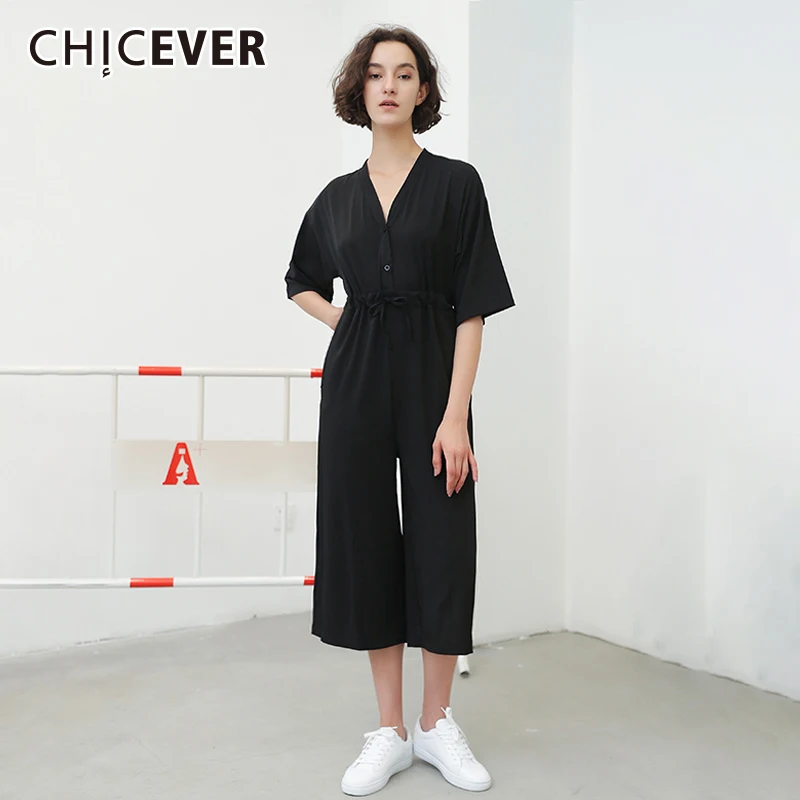 Женский комбинезон CHICEVER черный Свободный с треугольным вырезом длиной до