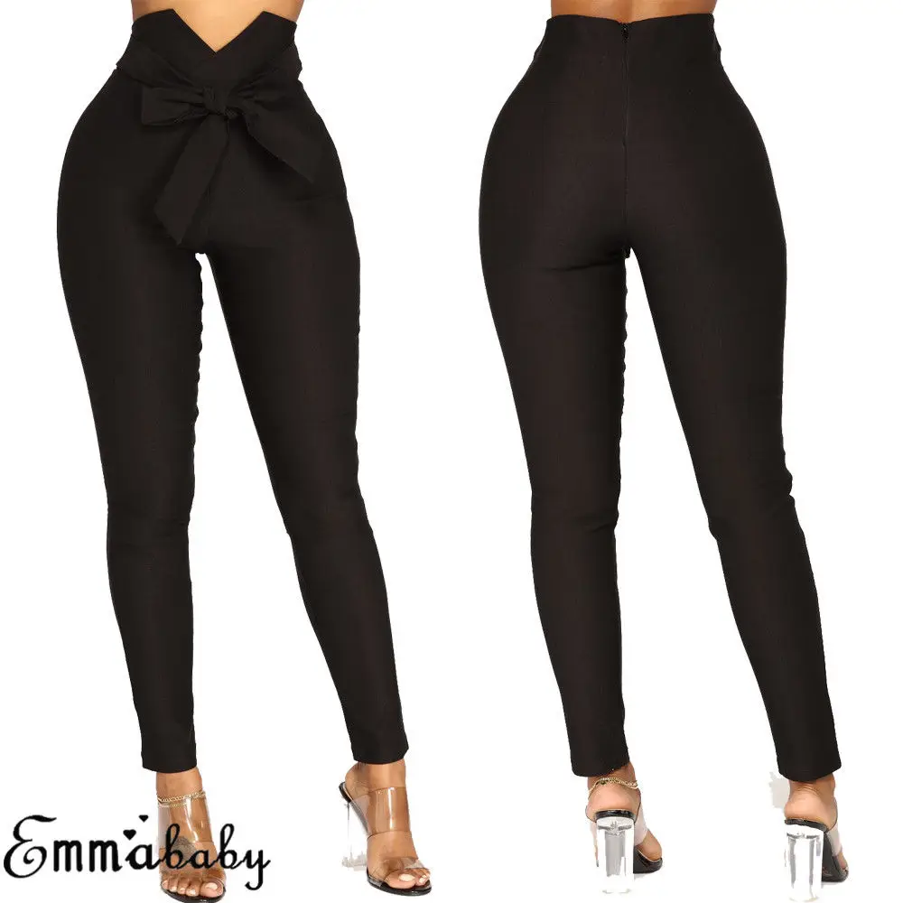 

Fashion Womens Striped Long Pants High Waist Tie Pencil Trousers Skinny Slim Leggings 2019 New Solid High Waisted Pants