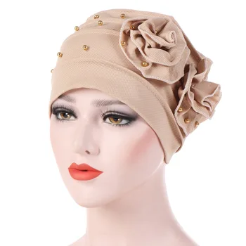 

Fashion Pearls Beading Two Flowers Type Muslim Turban Bonnet Hair Loss Cap Muslim Hijabs Headwear Hair Accessories