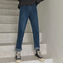 Хлопковые джинсы с высокой талией для девочек, классические синие джинсовые штаны, Модные женские