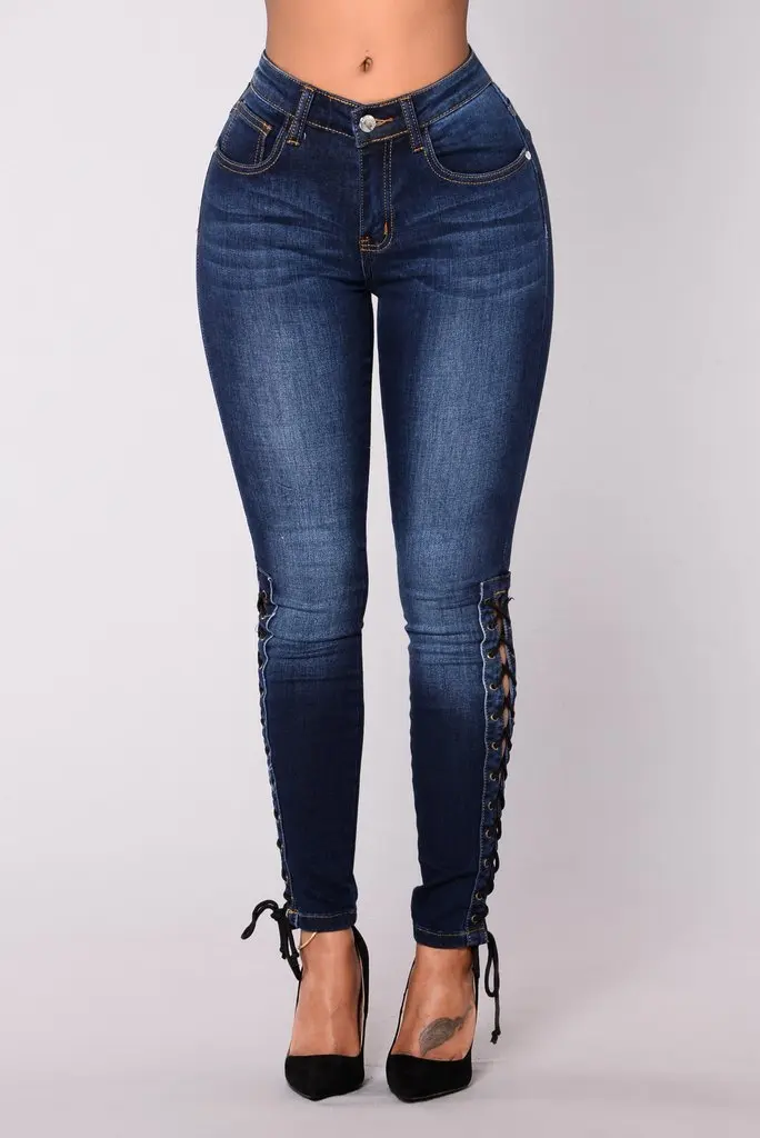 2019 осень-зима Новый Для женщин Мода Высокая Талия эластичного кружева до обтягивающие джинсы длинные джинсовые женские брюки карандаш