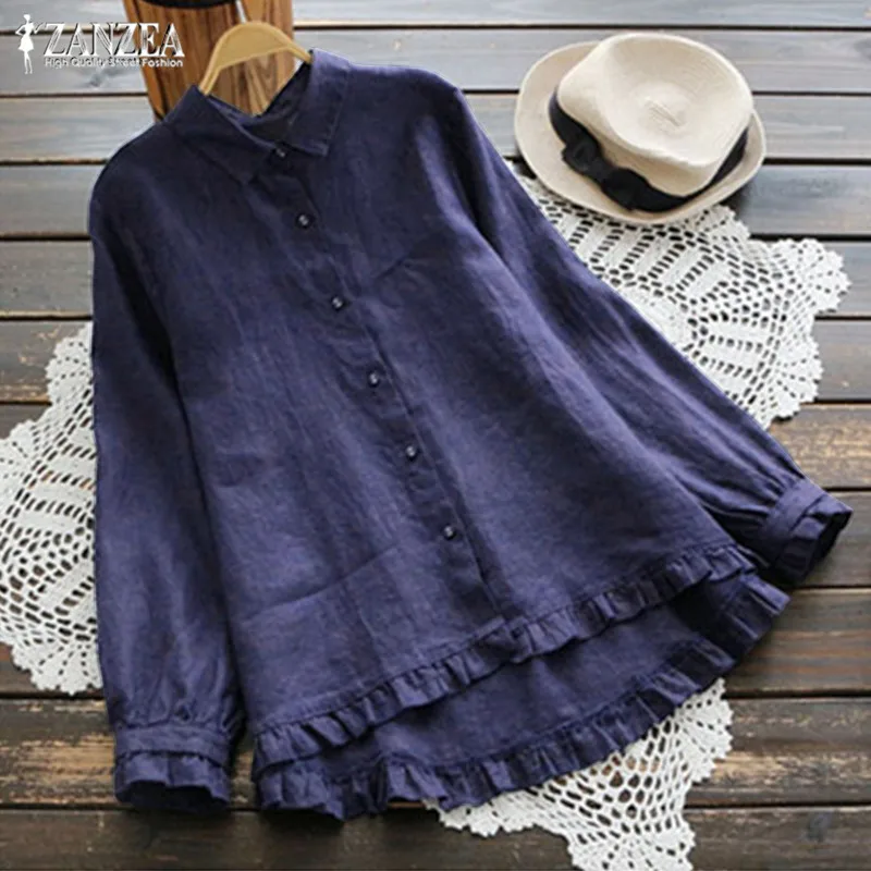 

ZANZEA 2019 Ruffle Top Vintage Women Linen Blouse Female Button Shirt Spring Casual Asymmetrical Blusas Plus Size Tunic Tops 5XL