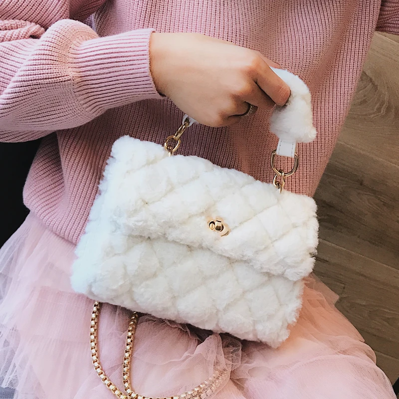 

2019 Korean Fashion Sweet Women Messenger Bags Winter New Quality Soft Plush Women's Designer Handbag Chain Shoulder Bag