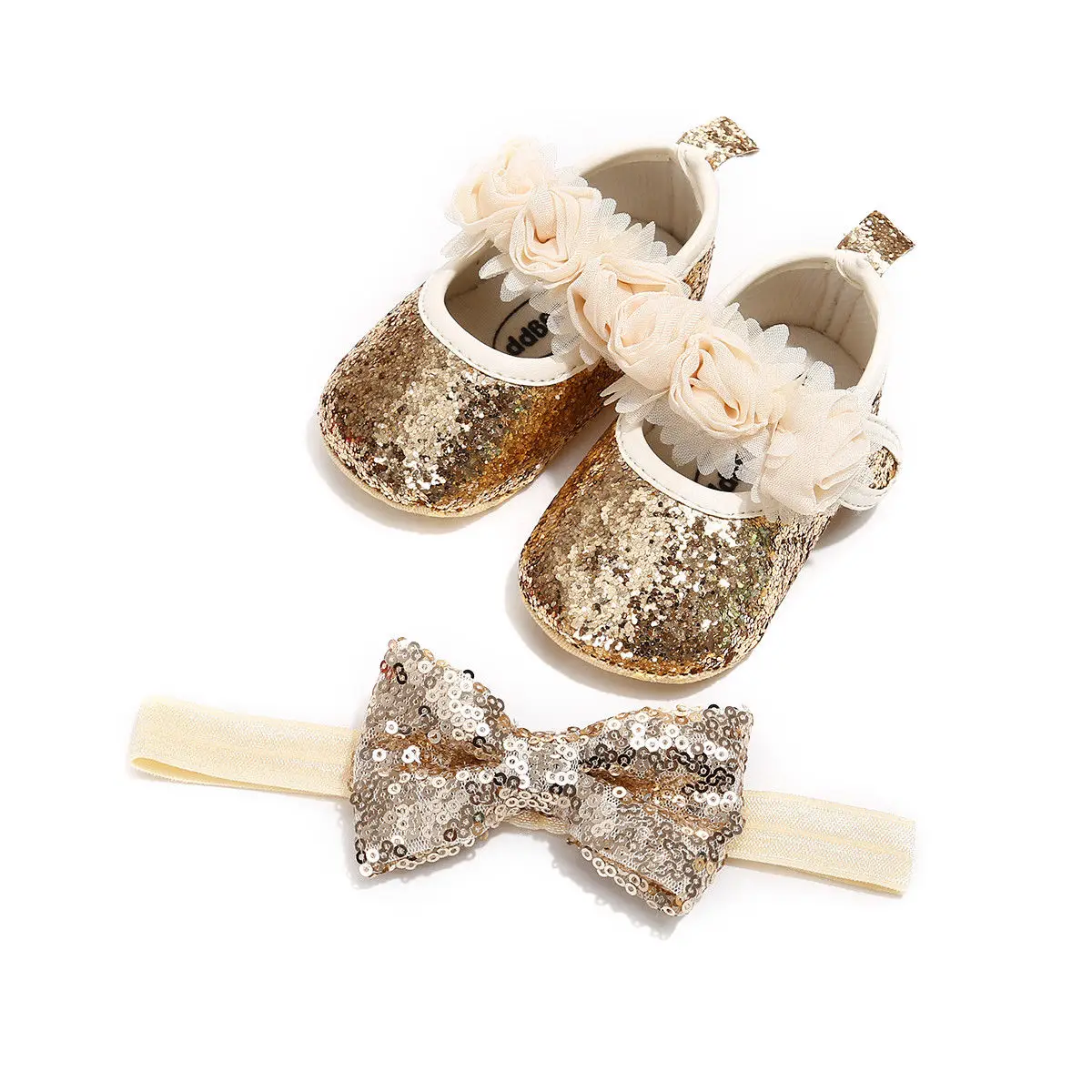 

0-18M Newborn Baby Girl Sequins Bling PU Shoes+Headband Lace Bow Tie Slippers