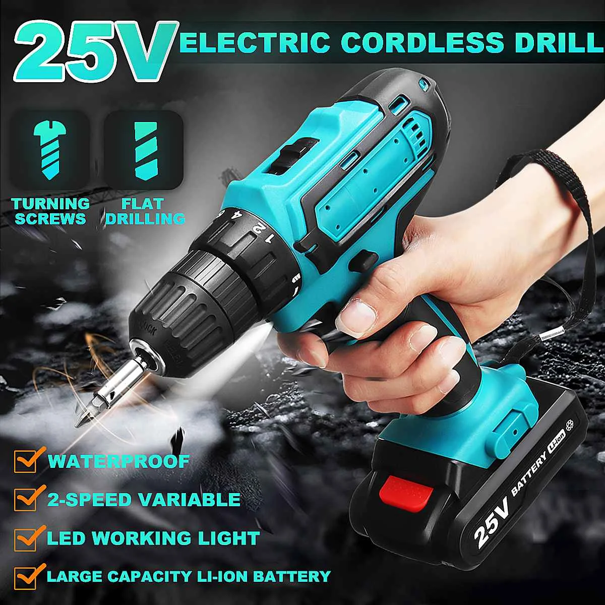 

25V Electric Cordless drill Wrench Screwdriver ouble peed Adjustment 18+1 torque LED lighting 1/2Pcs battery Power Tools