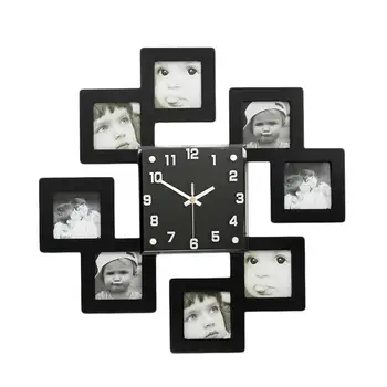 

Creative Wooden Wall Clock with 8 Photo Frames Decorative Silent Hanging Clocks without Battery (Black)