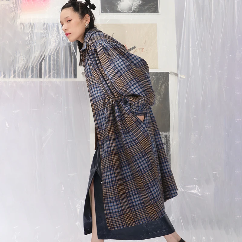 [EAM] 2019 New Spring Lapel Long Lantern Sleeve Plaid Nailed Pleated Large Size Woolen Coat Women Parkas Fashion JK670