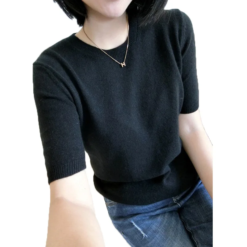 Multi-Color Short Sleeve Sweater Female 2019 Spring Summer New Style round-Neck Slim-Fit Cashmere Sweater Solid Color Multi-Color Short Sleeve Sweater Female 2019 Spring Summer New Style round-Neck Slim-Fit Cashmere Sweater Solid Color