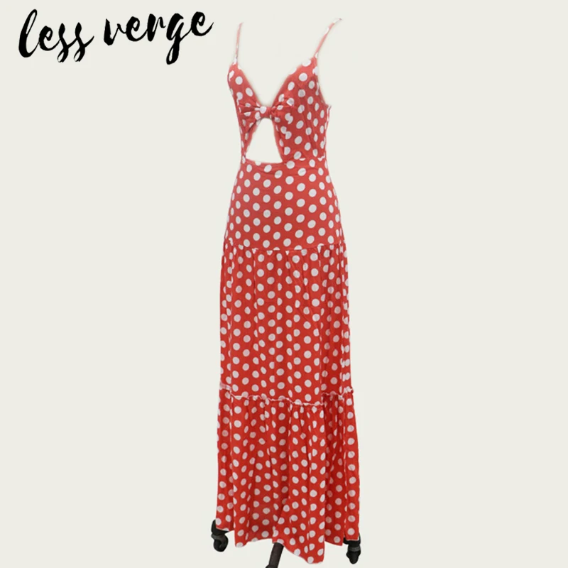 Lessverge летнее красное Макси-платье в горошек, женское открытое пляжное платье без рукавов, женское праздничное длинное платье с бантом