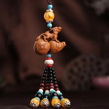 

Chinese Peach Wood Carved Animal Brave Troops Gourd Cucurbit Exquisite Car Key Pendant Bag Pendant