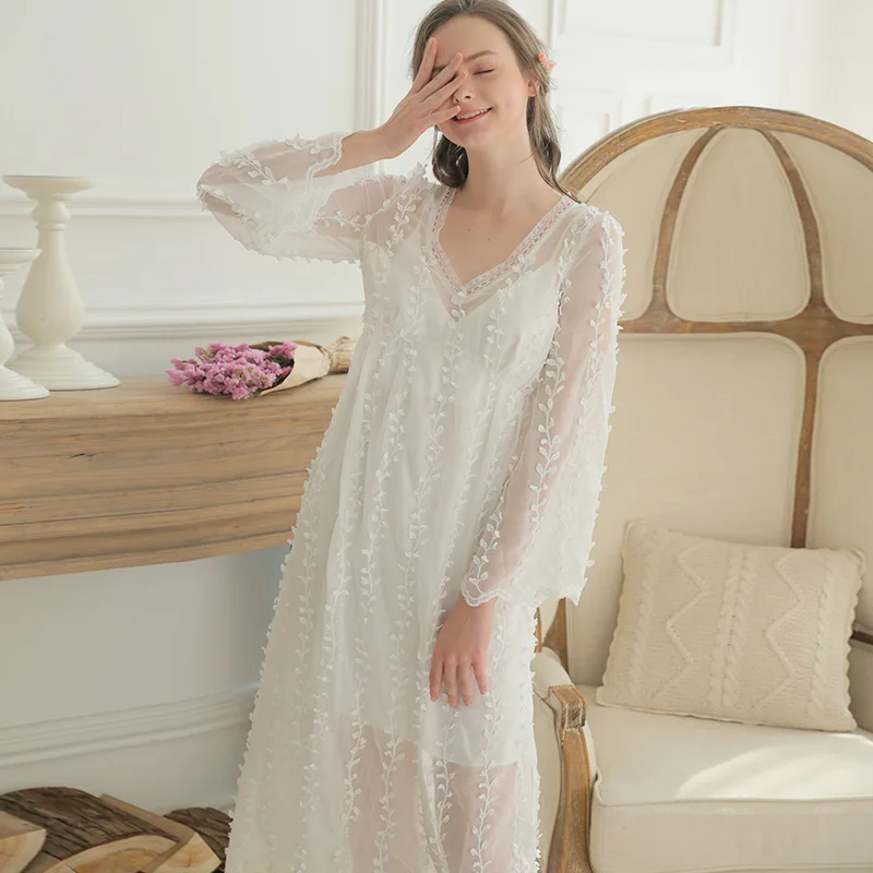 

2018 Court Women Sleep Dress Long Sleeve Lace Nightshirts Two Piece Set Sexy Princess Nightdress Home Clothes Female Nightie