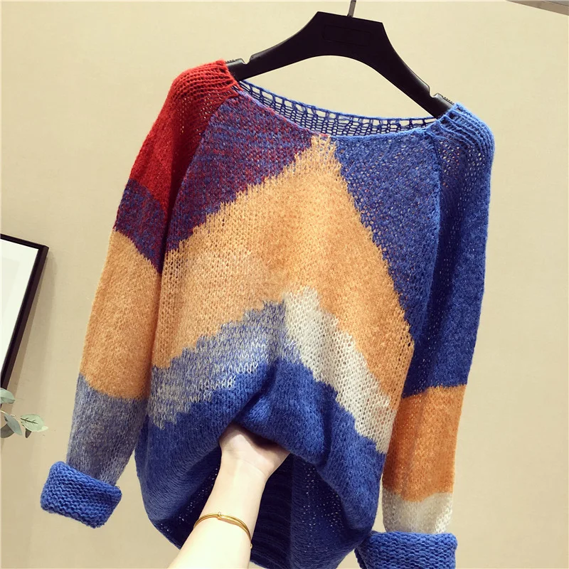 Thin Lazy Wind Sweater Pullover Early Autumn 2018 New Style Color-Block Loose-Fit Jumpers Female Long Sleeve Cutout Top Thin Lazy Wind Sweater Pullover Early Autumn 2018 New Style Color-Block Loose-Fit Jumpers Female Long Sleeve Cutout Top