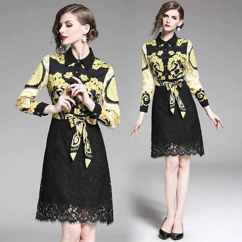 

Quality Fashion Designer Runway Dresses 2019 summer Women's Turn-down Collar lace Casual Elegant Vintage Dress