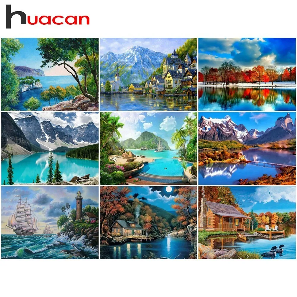 

Huacan Diamond Painting Full Drill Square Landscape Diamond Embroidery Seaside Cross Stitch Rhinestone Diamond Mosaic Mountain