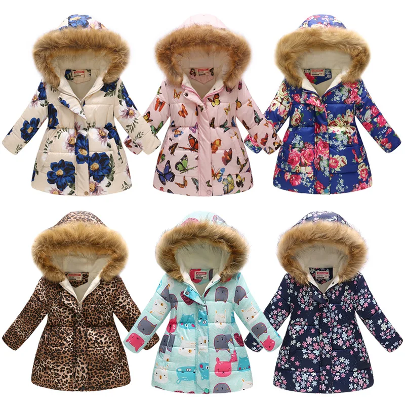 Autumn Winter New Children's Clothing Girls Printed Children Long Fur Collar Hooded Cotton-Padded Coats | Детская одежда и
