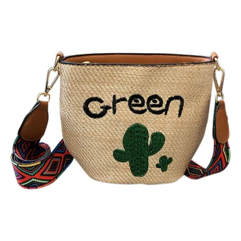 

Embroidery Straw Bag Hand Weave Small Bags Summer Crossbody Mini Bags Cactus Cute Shoulder Bags for Women