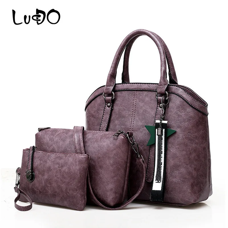 

LUCDO Women Leather Handbags And Purse 3 Piece Set Shoulder Bag Tote Crossbody Bag New Fashion Vintage Composite Bag Small Purse