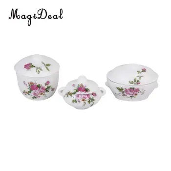 

MagiDeal 3Pcs Doll House Kitchen Miniature Casserole Pot Bowl Lid with Floral Pattern for Interior Room Model Kids Role Play