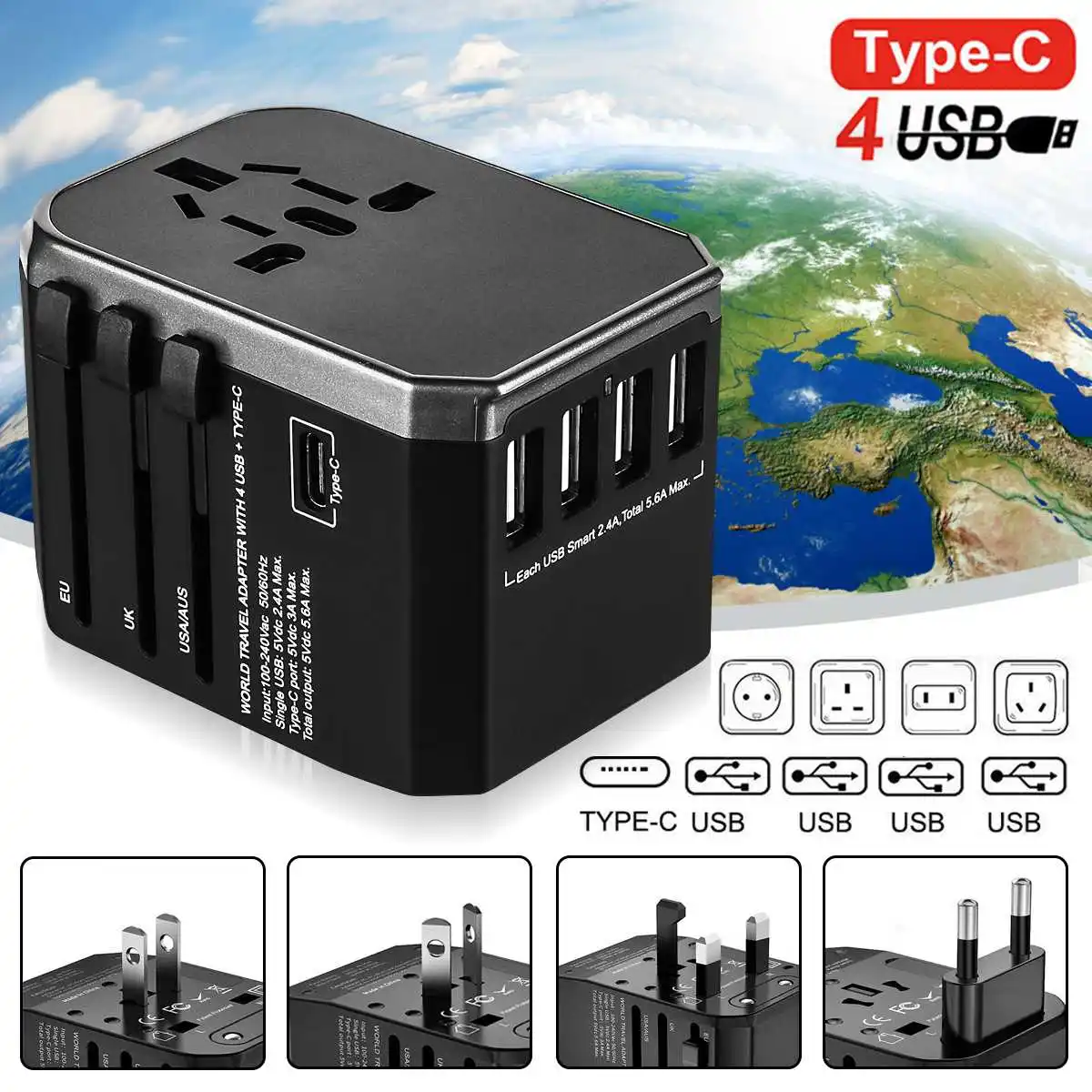 

Universal Travel Adapter Electric Plugs Sockets Worldwide Converter USB Type C AC Power Charger Adapter with EU/UK/US/AUS Plugs