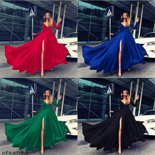 

Fashion Women V Neck Long Maxi Dress Evening Party Beach Sundress Long Sleeve Solid Long Dresses Women