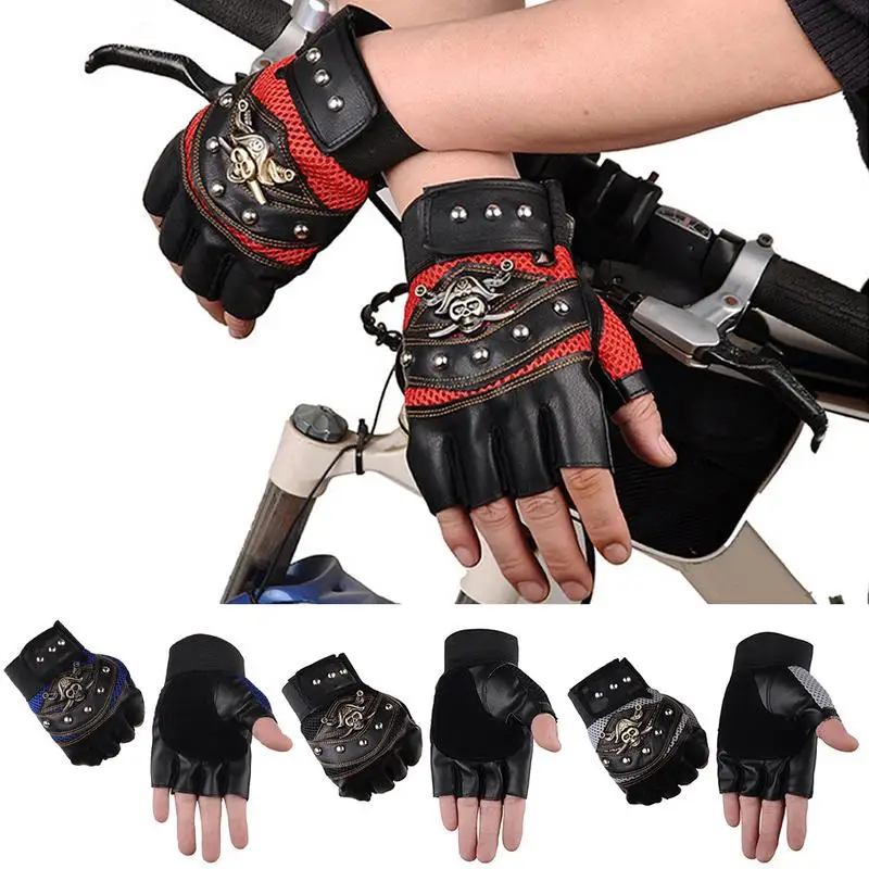 

1 Pair Men Women Skull Pattern Non-Slip Half Finger Gloves Breathable Shockproof PU Leather Bike Cycling Gloves