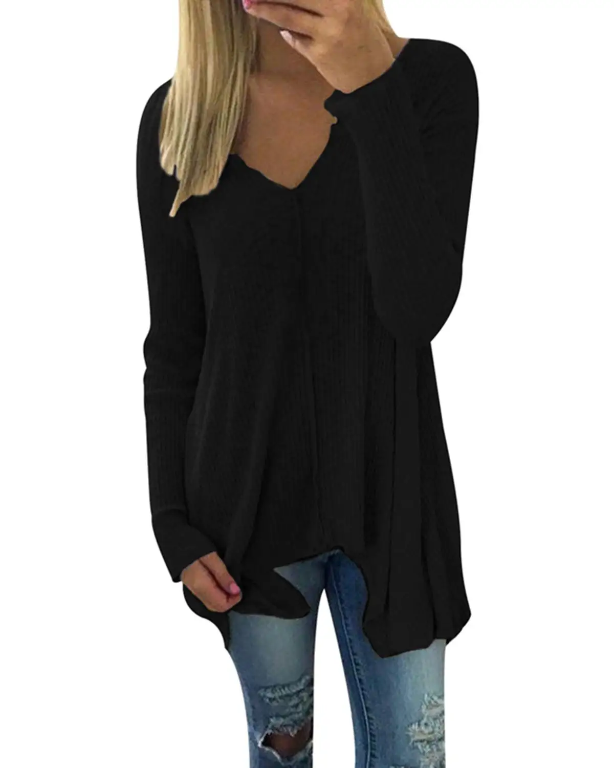 

Spring Autumn Women Solid Irregular Long T-Shirts ZANZEA 2019 Casual Loose Sexy V-Neck Full Sleeve Knitting Pullover Tops Tees
