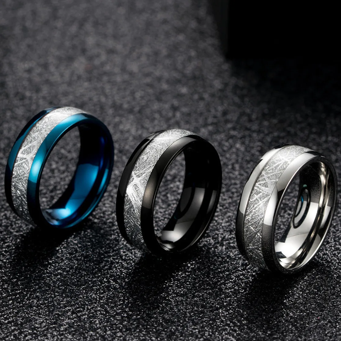 

Ice Silk Foil Ring Width 8 Mm Blue White Black Domed Tungsten Carbide Men's Ring Imitated Meteorite Wedding Rings For Women Band