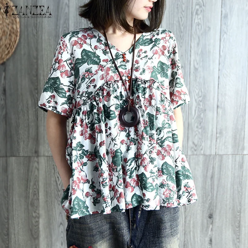 ZANZEA زائد حجم المرأة بلوزة السيدات قمم قمصان الإناث الأزهار المطبوعة الكشكشة تنحنح Blusas 2019 الصيف عارضة Chemiser موهير ZANZEA زائد حجم المرأة بلوزة السيدات قمم قمصان الإناث الأزهار المطبوعة الكشكشة تنحنح Blusas 2019 الصيف عارضة Chemiser موهير