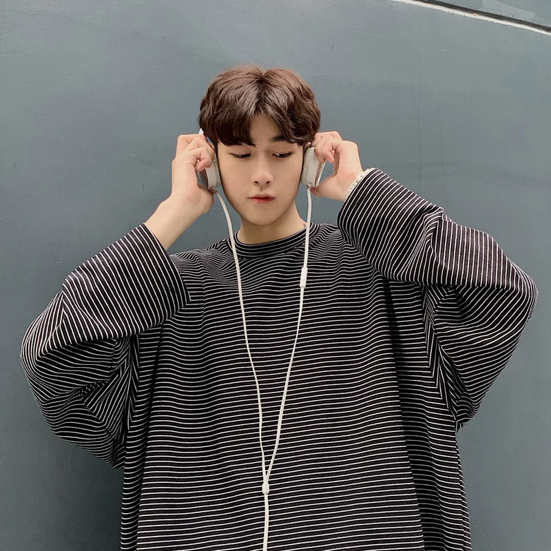 

Men's Long Sleeve T-Shirt 2019 Spring Summer New Stripe Loose Cotton Fashion Round Collar Student Casual Youth Menswear