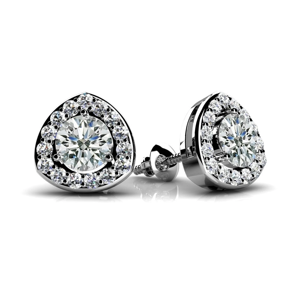 Round Cut Natural Diamond Triangular Halo Stud Earrings In 18k White ...