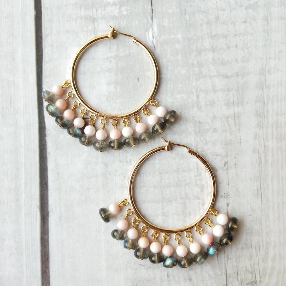 

LiiJi Unique Labradorite Conch Shell Hoop Earrings Natural Stone Aurora Beads Pink Conch Shell Big Dangle Bohemia Earrings Women