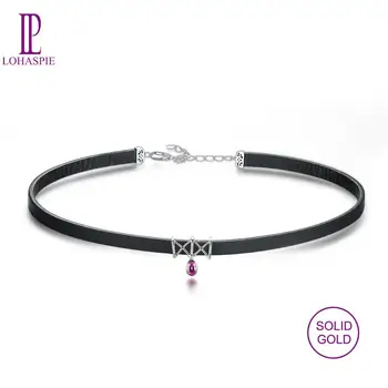 

LP Solid 18K White Gold leather Chokers Necklaces Natural Gemstone Ruby Diamond Fine Jewelry Fashion Style For Women Gift