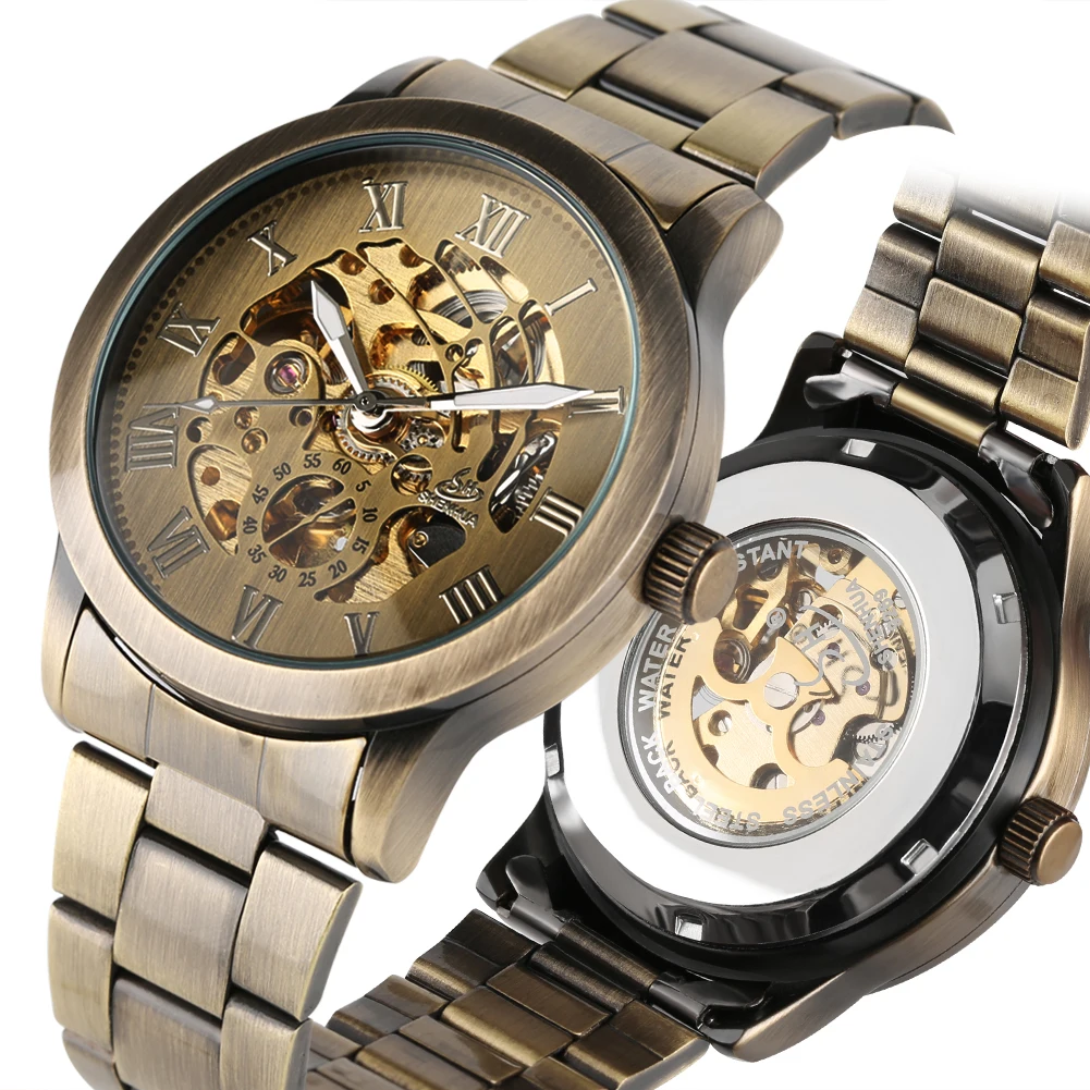 

Business Style Mechanical Men Wristwatch Steampunk Bronze Wrist Timepiece Roman Numerals Display Waterproof Man Clock reloj