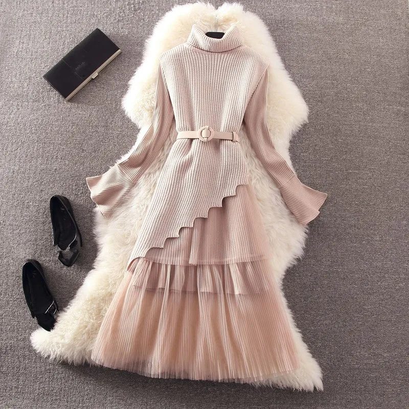 

2018 Elegant Autumn Women Mesh Lace Knitted Dress Casual Sashes Pleated Work Dress