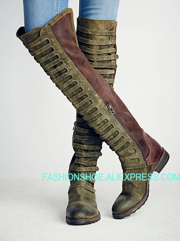 

Black Forest Over The Knee Army Boot gorgeous distressed suede leather boot caged straps thigh boots green long boot Mujer