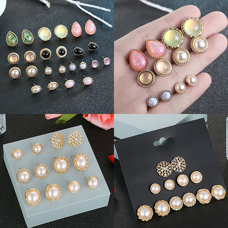 

Metal Pearl Earrings Girl Gifts Classic Earring Sets 30 Pairs/set Mix Jewelry Round Ball Women's Crystal