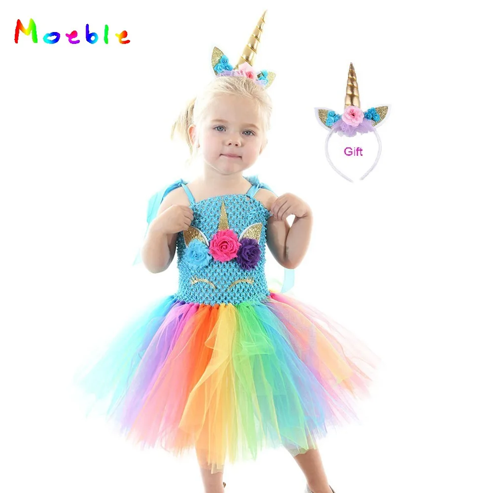 

Flowers Rainbow Girls Tutu Dress with Unicorn Headband for Birthday Party Princess Unicorn Dress Baby Girl Dress Up Costume