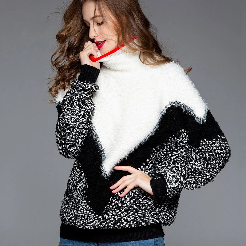 

2018 Winter Elegant Women Loose Knitted Sweater Pullovers Runway Turtleneck Patchwork Female Casual Sweater Pullovers Clothing